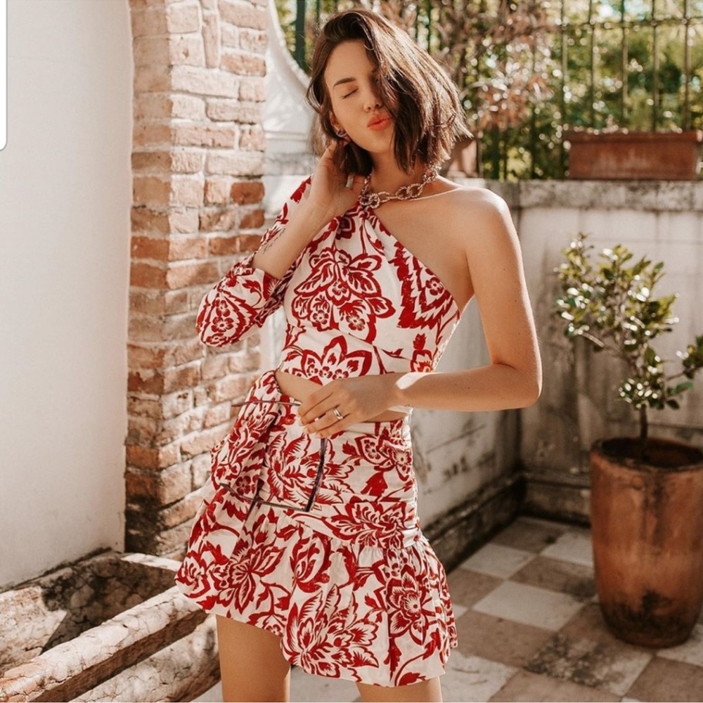 Zara Bloggers Favorite Print Poplin One Shoulder Top + Mini Skirt Set Size S